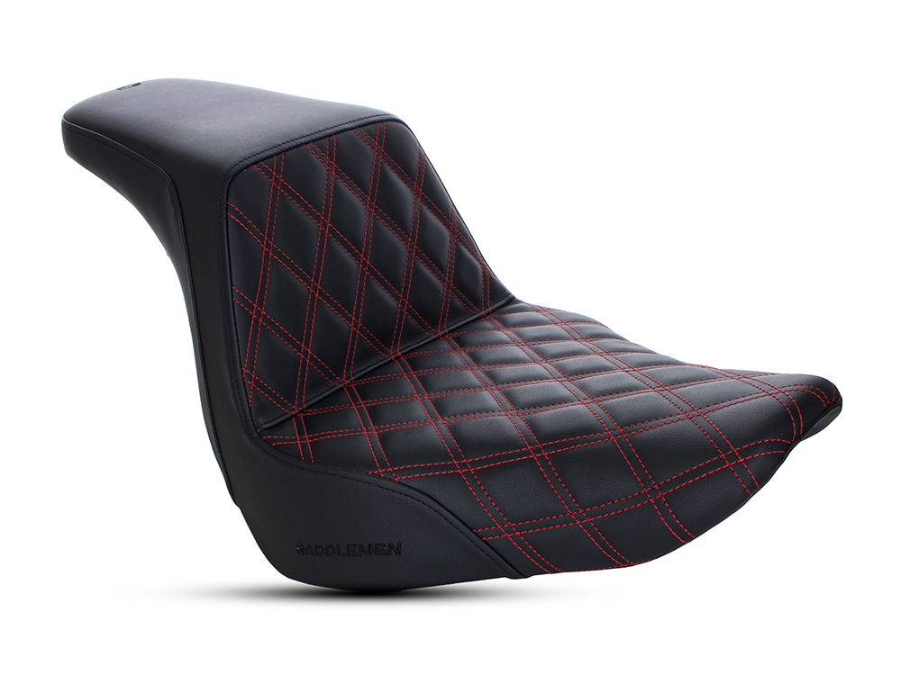 SADDLEMEN SEATS Step-Up LS Dual Seat with Red Double Diamond Lattice Stitch. Fits Sport Glide & Low Rider 2018up, Low Rider S 2020up & Low Rider ST 2022up.