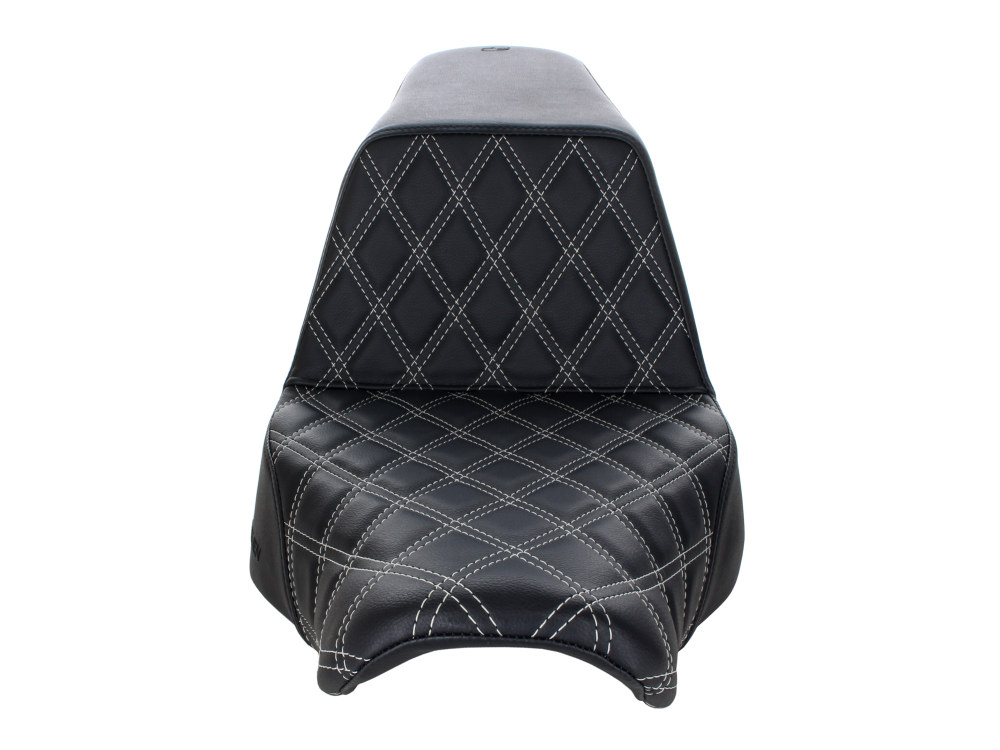 SADDLEMEN SEATS Step-Up LS Dual Seat with Silver Double Diamond Lattice Stitch. Fits Sport Glide & Low Rider 2018up, Low Rider S 2020up & Low Rider ST 2022up.