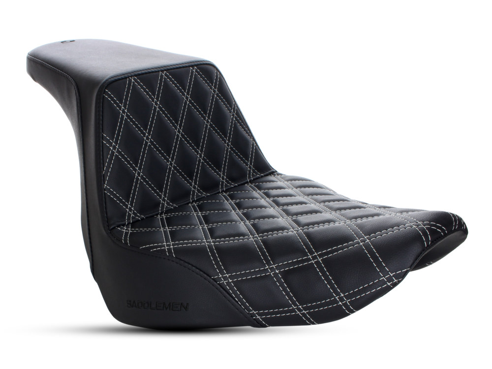 SADDLEMEN SEATS Step-Up LS Dual Seat with Silver Double Diamond Lattice Stitch. Fits Sport Glide & Low Rider 2018up, Low Rider S 2020up & Low Rider ST 2022up.