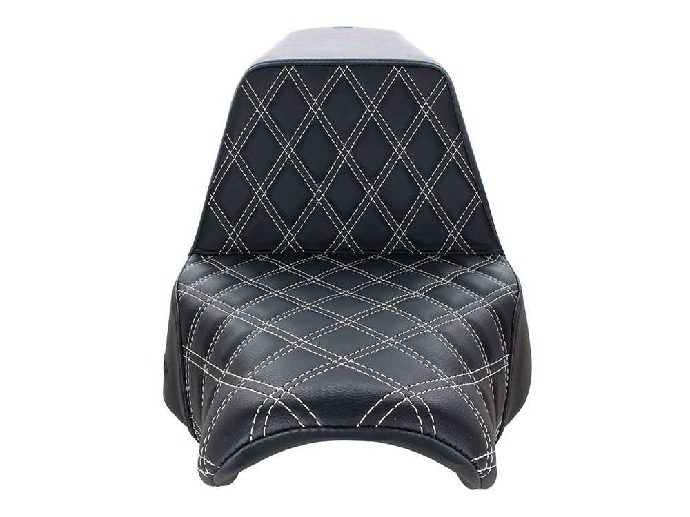 SADDLEMEN SEATS Step-Up LS Dual Seat with White Double Diamond Lattice Stitch. Fits Sport Glide & Low Rider 2018up, Low Rider S 2020up & Low Rider ST 2022up.