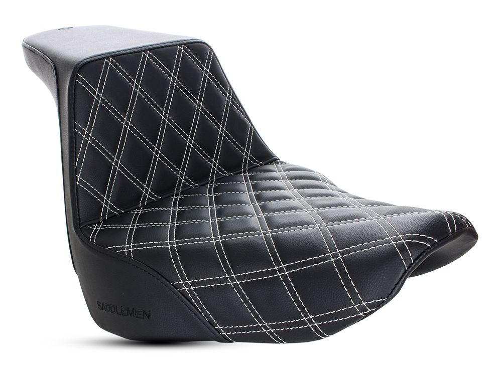 SADDLEMEN SEATS Step-Up LS Dual Seat with White Double Diamond Lattice Stitch. Fits Sport Glide & Low Rider 2018up, Low Rider S 2020up & Low Rider ST 2022up.