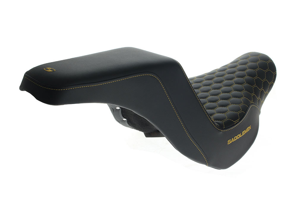 SADDLEMEN SEATS Step-Up HC Dual Seat with Gold Honeycomb Stitch. Fits Sport Glide & Low Rider 2018up, Low Rider S 2020up & Low Rider ST 2022up