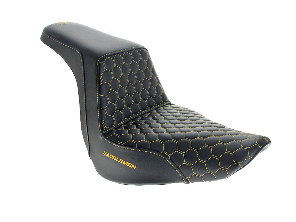 SADDLEMEN SEATS Step-Up HC Dual Seat with Gold Honeycomb Stitch. Fits Sport Glide & Low Rider 2018up, Low Rider S 2020up & Low Rider ST 2022up