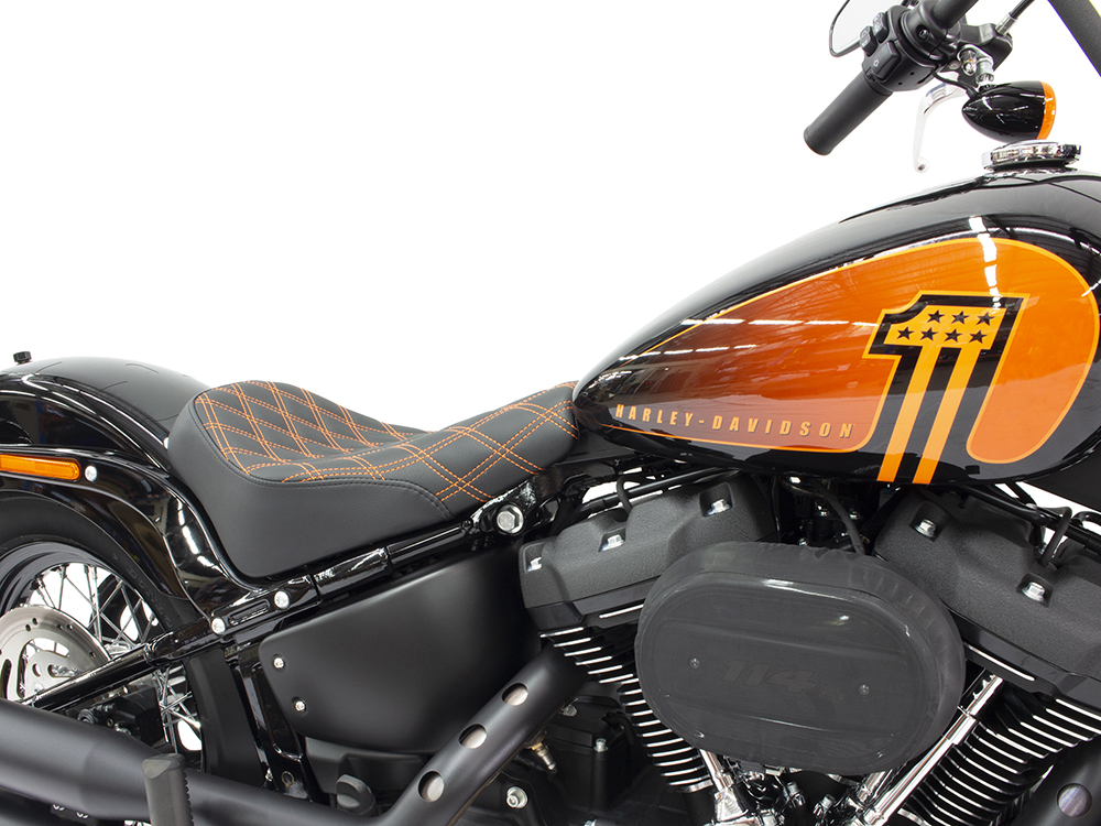 SADDLEMEN SEATS Renegade LS Solo Seat with Orange Double Diamond Lattice Stitch. Fits Softail Street Bob 2018up & Standard 2020up.