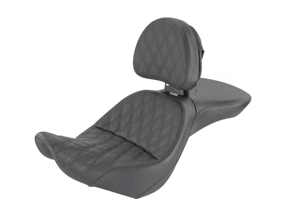 SADDLEMEN SEATS Explorer LS Dual Seat With Backrest & with Black Double Diamond Lattice Stitch. Fits Softail Street Bob 2018up & Standard 2020up