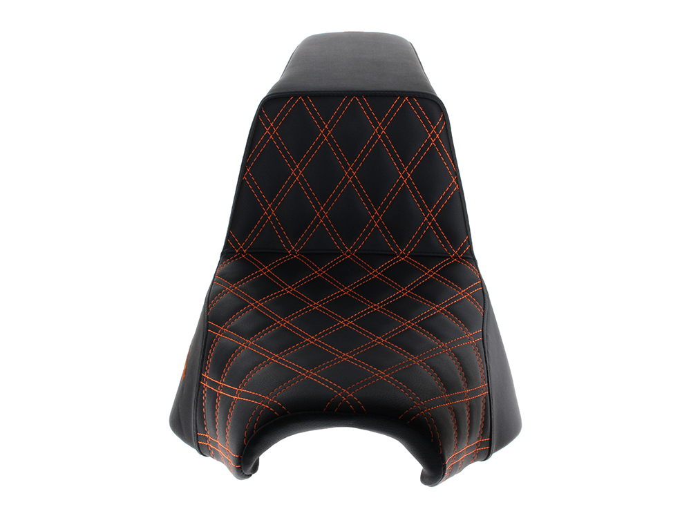 SADDLEMEN SEATS Step-Up LS Dual Seat with Orange Double Diamond Lattice Stitch. Fits Softail Street Bob 2018up & Standard 2020up.