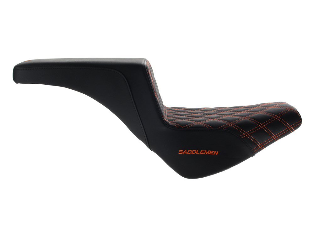 SADDLEMEN SEATS Step-Up LS Dual Seat with Orange Double Diamond Lattice Stitch. Fits Softail Street Bob 2018up & Standard 2020up.