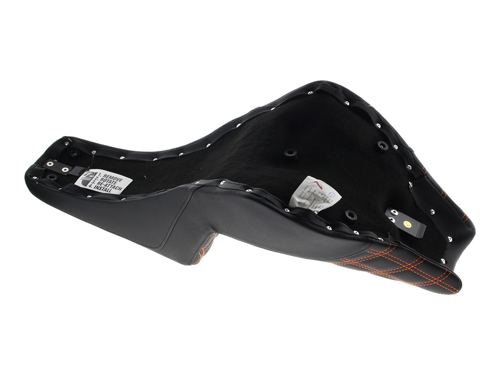 SADDLEMEN SEATS Step-Up LS Dual Seat with Orange Double Diamond Lattice Stitch. Fits Softail Street Bob 2018up & Standard 2020up.