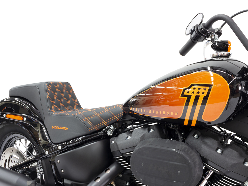 SADDLEMEN SEATS Step-Up LS Dual Seat with Orange Double Diamond Lattice Stitch. Fits Softail Street Bob 2018up & Standard 2020up.