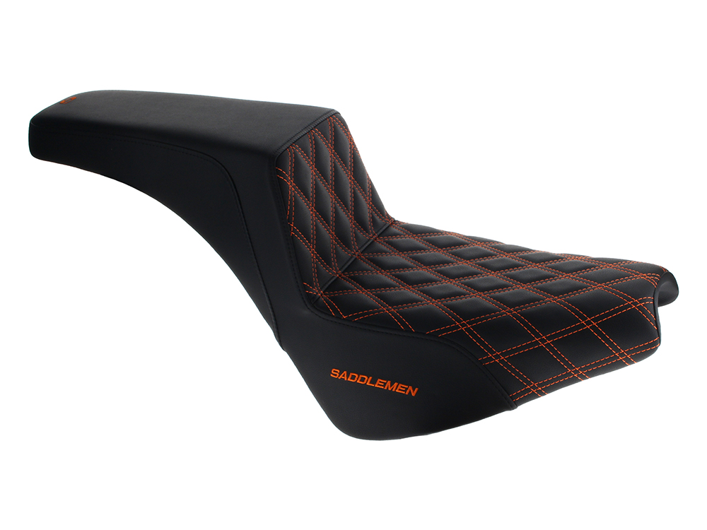 SADDLEMEN SEATS Step-Up LS Dual Seat with Orange Double Diamond Lattice Stitch. Fits Softail Street Bob 2018up & Standard 2020up.