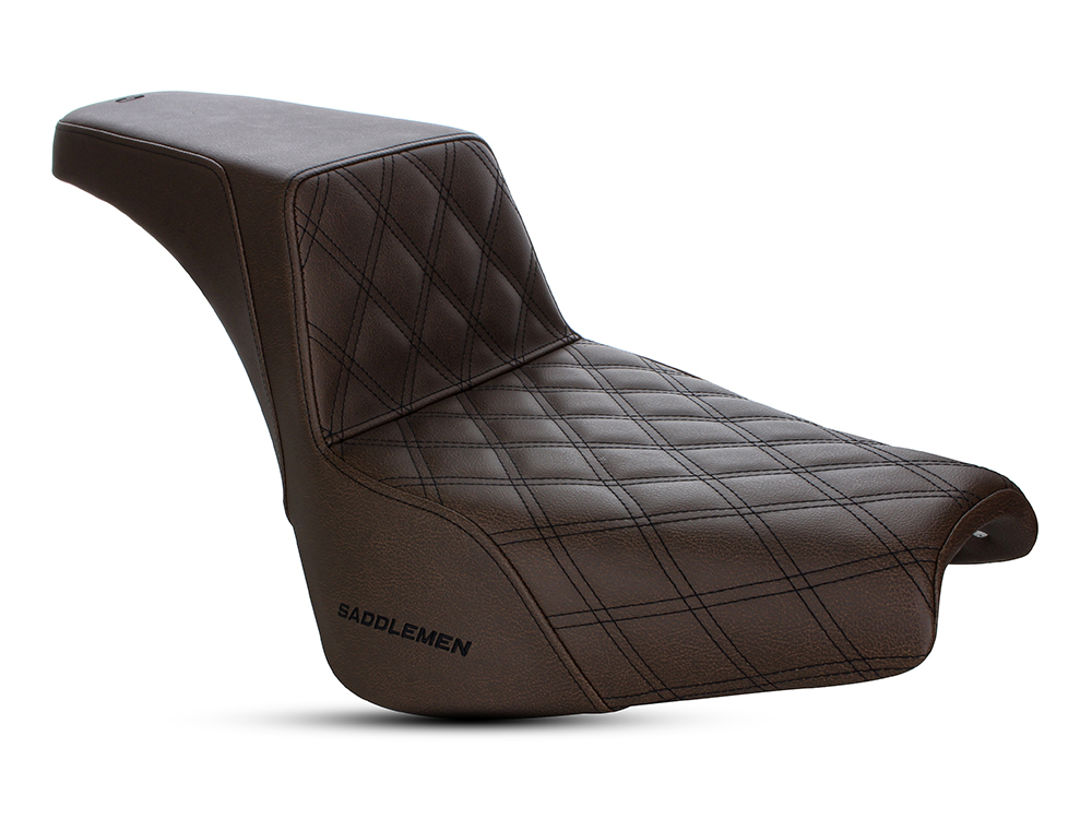 SADDLEMEN SEATS Brown Step-Up LS Dual Seat with Black Double Diamond Lattice Stitch. Fits Softail Street Bob 2018up & Standard 2020up.