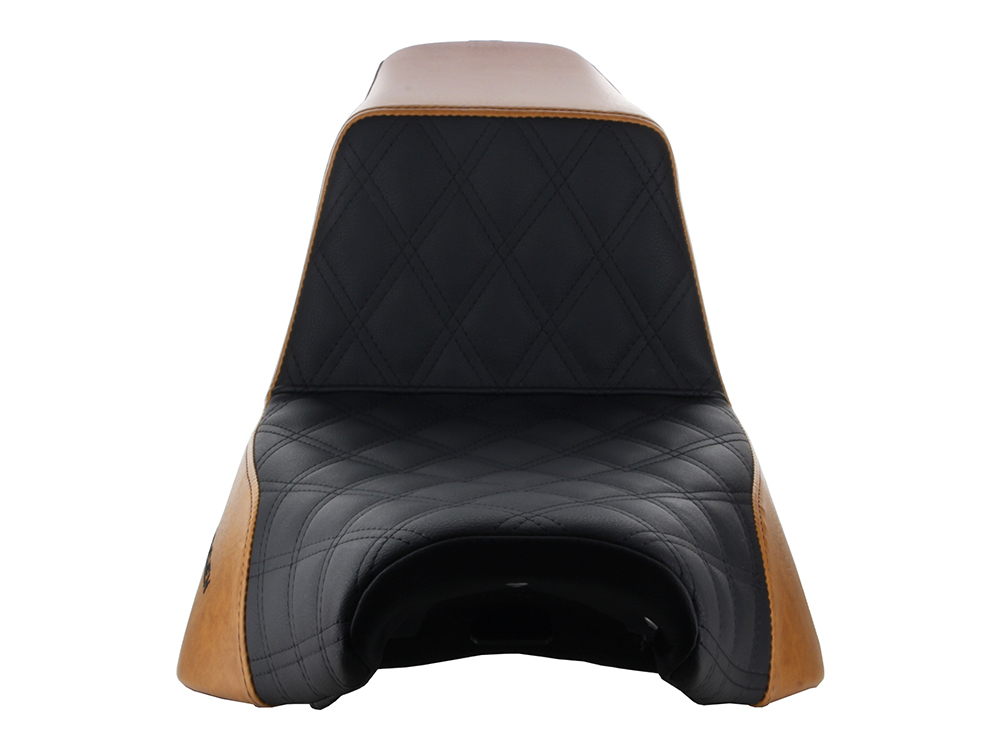SADDLEMEN SEATS Custom Black & Brown Step-Up LS Dual Seat with Black Double Diamond Lattice Stitch. Fits Softail Street Bob 2018up & Standard 2020up.