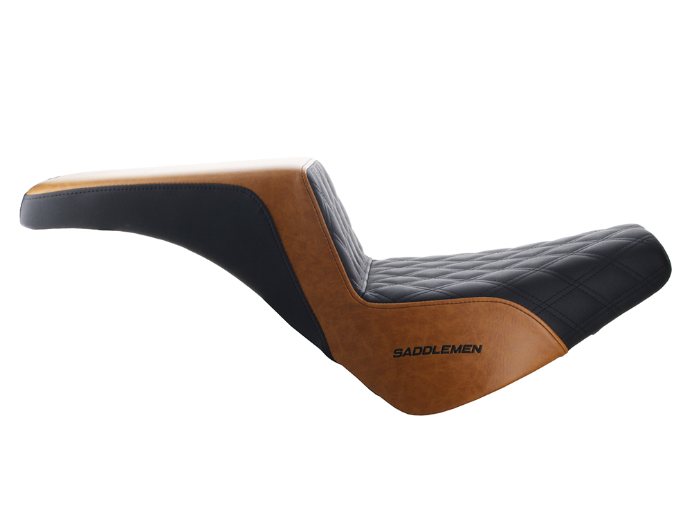 SADDLEMEN SEATS Custom Black & Brown Step-Up LS Dual Seat with Black Double Diamond Lattice Stitch. Fits Softail Street Bob 2018up & Standard 2020up.