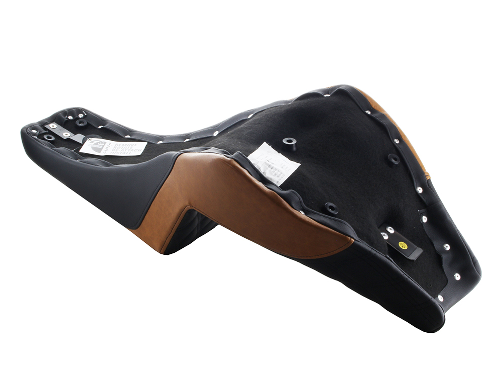 SADDLEMEN SEATS Custom Black & Brown Step-Up LS Dual Seat with Black Double Diamond Lattice Stitch. Fits Softail Street Bob 2018up & Standard 2020up.