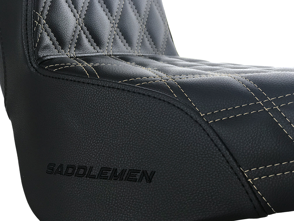 SADDLEMEN SEATS Step-Up LS Dual Seat with Gold Double Diamond Lattice Stitch. Fits Softail Street Bob 2018up & Standard 2020up.