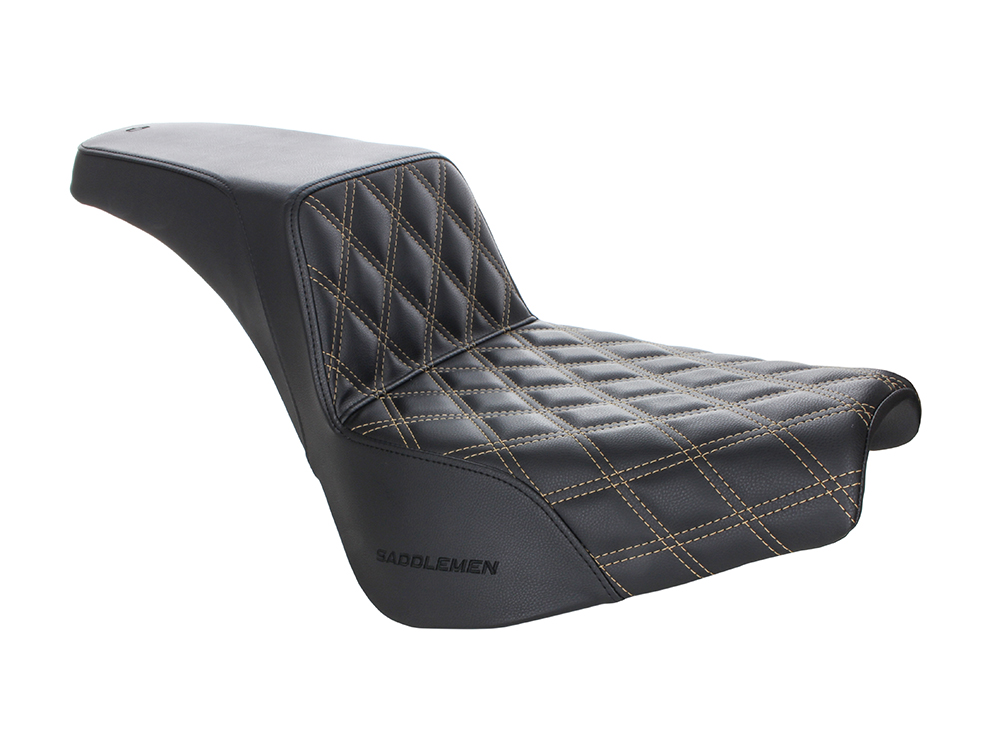 SADDLEMEN SEATS Step-Up LS Dual Seat with Gold Double Diamond Lattice Stitch. Fits Softail Street Bob 2018up & Standard 2020up.