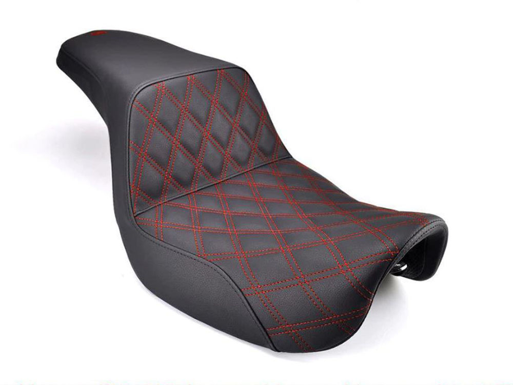 SADDLEMEN SEATS Step-Up LS Dual Seat with Red Double Diamond Lattice Stitch. Fits Softail Street Bob 2018up & Standard 2020up.
