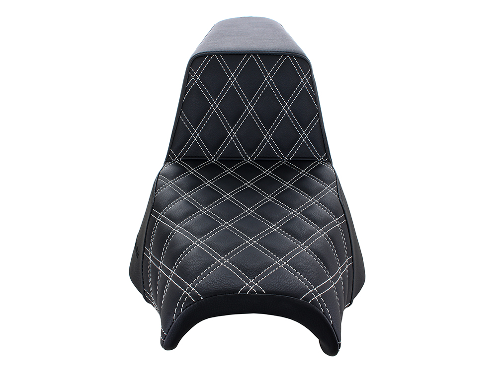 SADDLEMEN SEATS Step-Up LS Dual Seat with White Double Diamond Lattice Stitch. Fits Softail Street Bob 2018up & Standard 2020up.