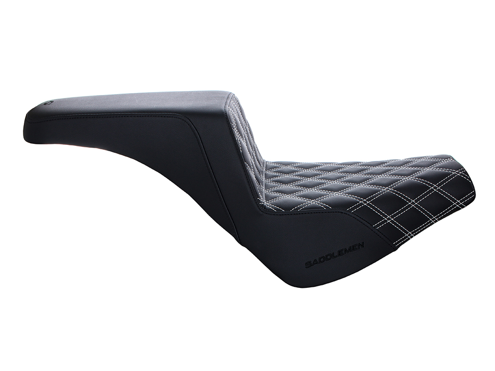 SADDLEMEN SEATS Step-Up LS Dual Seat with White Double Diamond Lattice Stitch. Fits Softail Street Bob 2018up & Standard 2020up.