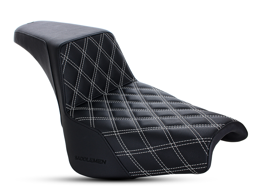 SADDLEMEN SEATS Step-Up LS Dual Seat with White Double Diamond Lattice Stitch. Fits Softail Street Bob 2018up & Standard 2020up.