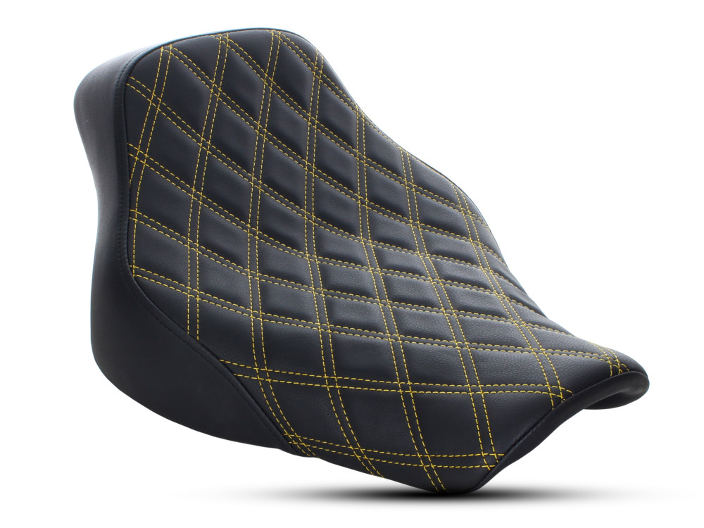 SADDLEMEN SEATS Renegade LS Solo Seat with Gold Double Diamond Lattice Stitch. Fits Softail Deluxe & Heritage Classic 2018up.
