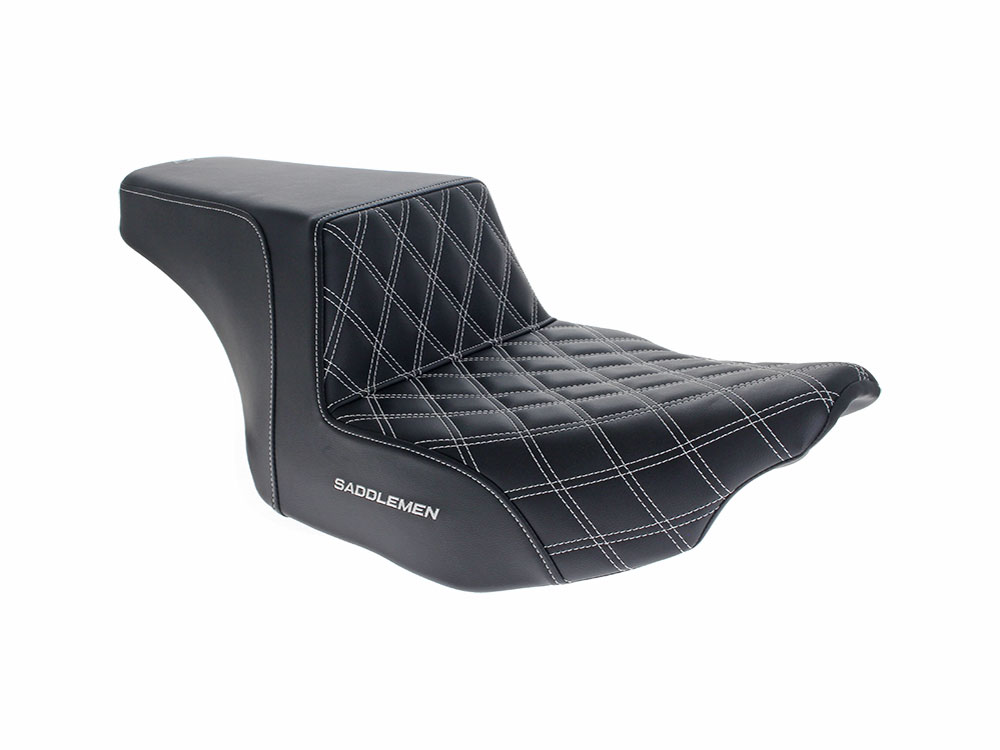 SADDLEMEN SEATS Step-Up LS Dual Seat with White Double Diamond Lattice Stitch. Fits CVO Touring 2023up, Street Glide & Road Glide 2024up, Touring 2025up