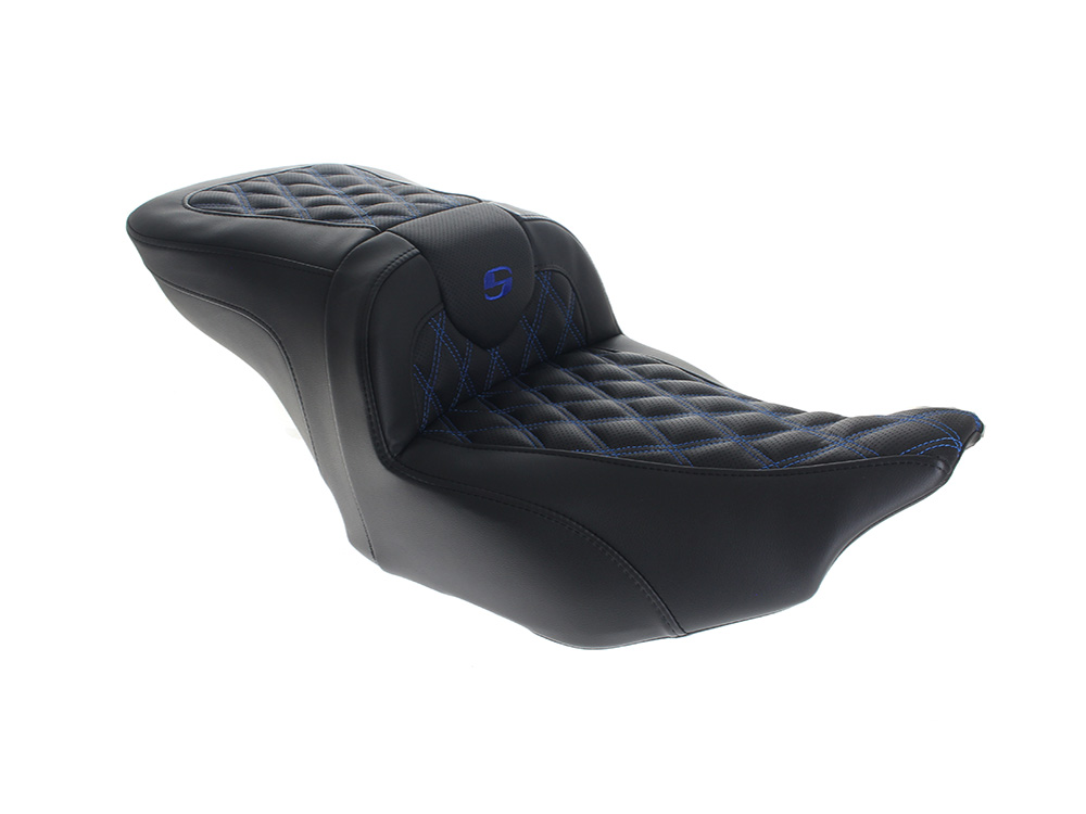 SADDLEMEN SEATS Roadsofa LS Dual Seat with Blue Double Diamond Lattice Stitch. Fits CVO Touring 2023up, Street Glide & Road Glide 2024up, Touring 2025up
