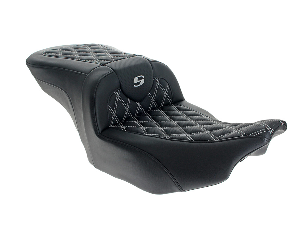 SADDLEMEN SEATS Roadsofa LS Dual Seat with White Double Diamond Lattice Stitch. Fits CVO Touring 2023up, Street Glide & Road Glide 2024up, Touring 2025up
