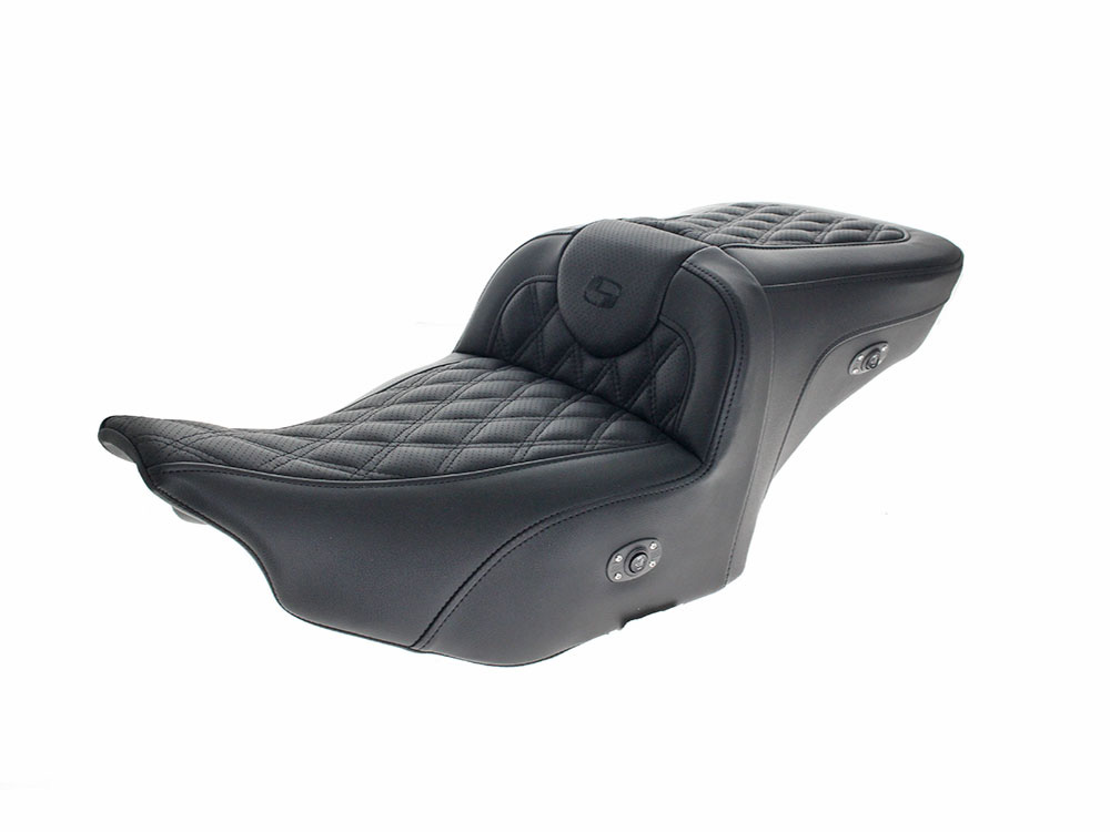 SADDLEMEN SEATS Heated, Extended Roadsofa LS Dual Seat With Backrest & Black Double Diamond Lattice Stitch. Fits CVO Touring 2023up, Street Glide & Road Glide 2024up, Touring 2025up