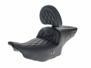SADDLEMEN SEATS Heated, Extended Roadsofa LS Dual Seat With Backrest & Black Double Diamond Lattice Stitch. Fits CVO Touring 2023up, Street Glide & Road Glide 2024up, Touring 2025up SADDLEMEN SEATS Heated, Extended Roadsofa LS Dual Seat With Backrest & Black Double Diamond Lattice Stitch. Fits CVO Touring 2023up, Street Glide & Road Glide 2024up, Touring 2025up