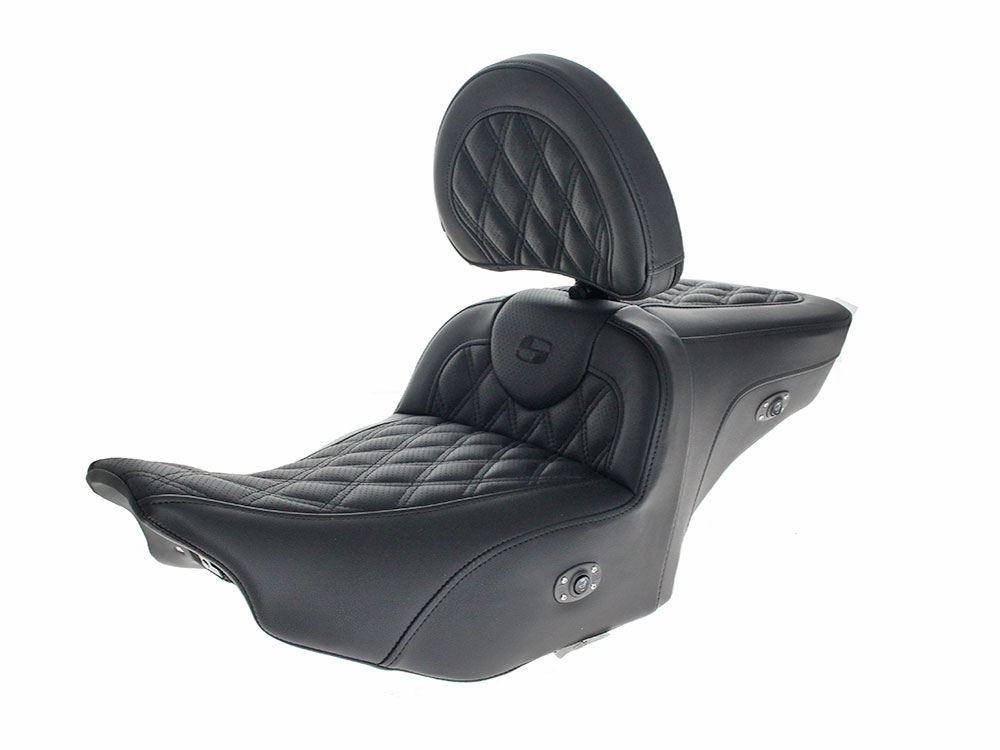 SADDLEMEN SEATS Heated, Extended Roadsofa LS Dual Seat With Backrest & Black Double Diamond Lattice Stitch. Fits CVO Touring 2023up, Street Glide & Road Glide 2024up, Touring 2025up