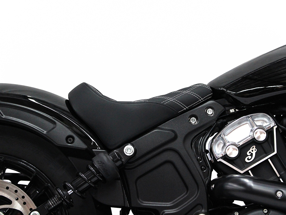 SADDLEMEN SEATS Renegade LS Solo Seat with White Double Diamond Lattice Stitch. Fits Scout Bobber 2018-2024
