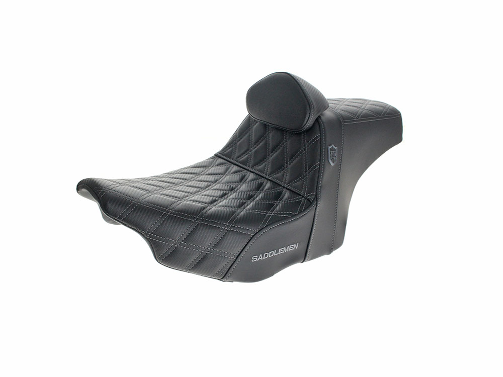 SADDLEMEN SEATS Step-Up San Diego Customs Pro Series Gripper Dual Seat With Backrest & Grey Stitch. Fits CVO Touring 2023up, Street Glide & Road Glide 2024up, Touring 2025up