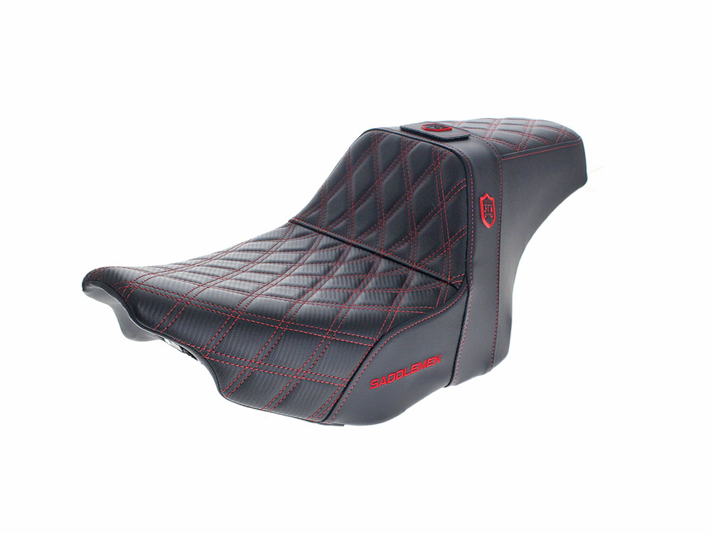 SADDLEMEN SEATS Step-Up San Diego Customs Pro Series Gripper Dual Seat With Backrest & Red Stitch. Fits CVO Touring 2023up, Street Glide & Road Glide 2024up, Touring 2025up