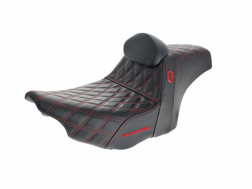 SADDLEMEN SEATS Step-Up San Diego Customs Pro Series Gripper Dual Seat With Backrest & Red Stitch. Fits CVO Touring 2023up, Street Glide & Road Glide 2024up, Touring 2025up