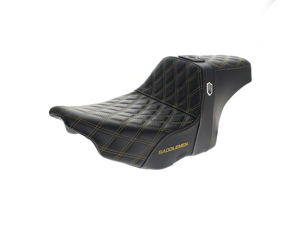SADDLEMEN SEATS Step-Up San Diego Customs Pro Series Gripper Dual Seat With Backrest & Gold Stitch. Fits CVO Touring 2023up, Street Glide & Road Glide 2024up, Touring 2025up
