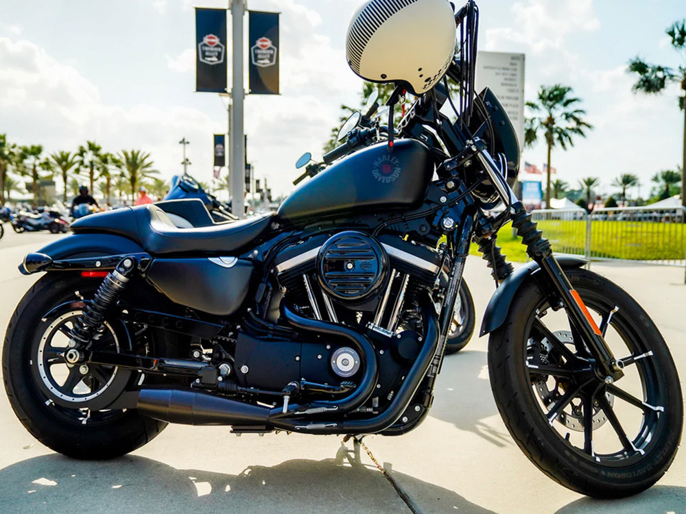 Sawicki Speed Shorty 2-into-1 Exhaust with Welded End Cap – Black. Fits Sportster 2004-2021 with Mid Controls.