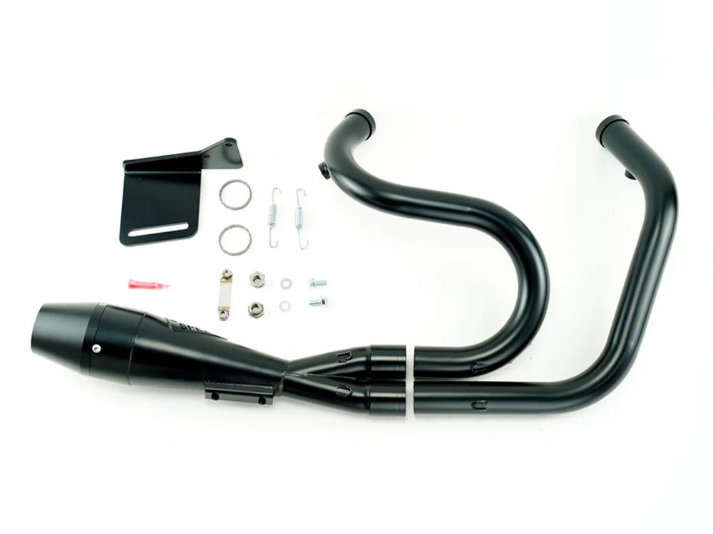 Sawicki Speed Shorty 2-into-1 Exhaust with Billet End Cap – Black. Fits Sportster 2004-2021 with Mid Controls.