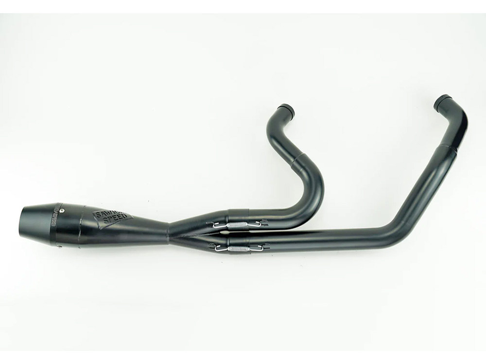 Sawicki Speed Shorty 2-into-1 Exhaust with Billet End Cap – Black. Fits Softail 2018up with 240 Rear Tyre.