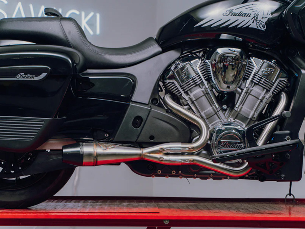 Sawicki Speed Shorty 2-into-1 Exhaust with Billet End Cap – Stainless. Fits Indian Challenger 2020up.