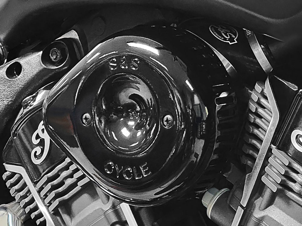S&S Stealth Teardrop Air Cleaner Kit – Gloss Black. Fits Indian Challenger 2020up, Pursuit 2022up, 2025up Chieftain PowerPlus and 2025up Roadmaster PowerPlus