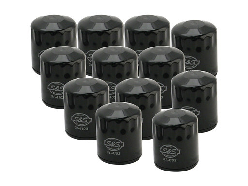 S&S Oil Filters – Black. Fits Twin Cam 1999-2017 & Milwaukee-Eight 2017up. Box of 12.