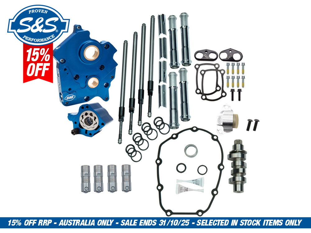 S&S Cam Chest Kit with 475C Chain Drive Camshafts & Chrome Pushrod Covers. Fits Touring 2017up & Softail 2018up with Oil Cooled Engines.