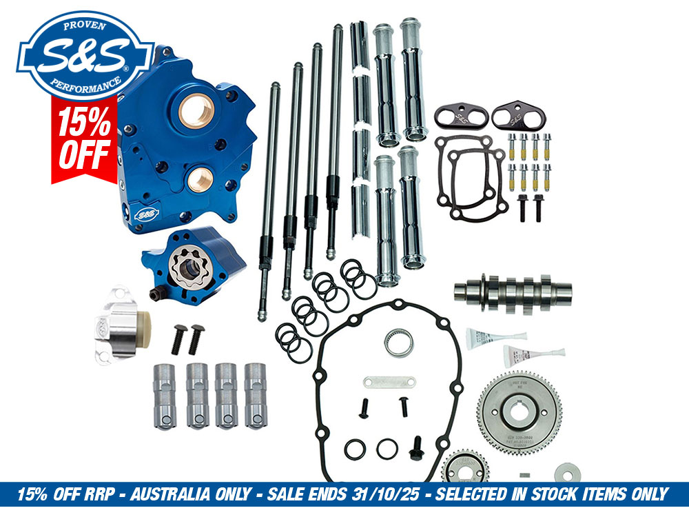 S&S Cam Chest Kit with 475G Gear Drive Camshafts & Chrome Pushrod Covers. Fits Touring 2017up & Softail 2018up with Oil Cooled Engines.
