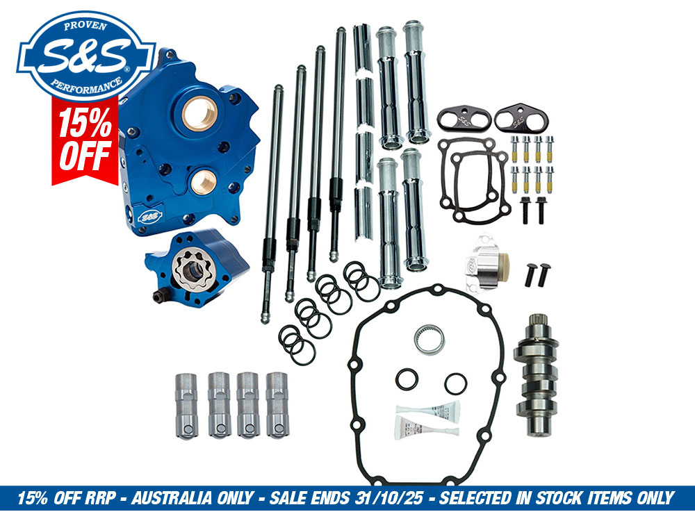 S&S Cam Chest Kit with 465C Chain Drive Camshafts & Chrome Pushrod Covers. Fits Touring 2017up & Softail 2018up with Oil Cooled Engines.