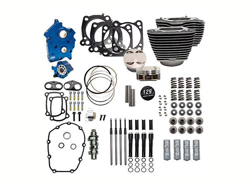 S&S Power Pack – 129ci Big Bore Kit with Chain Drive 550 Camshaft, Highlighted Fins & Black Pushrod Tubes. Fits Milwaukee-Eight 2017up with 107ci Oil Cooled Engine.