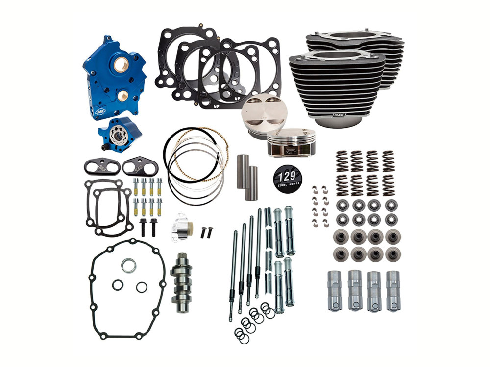 S&S Power Pack – 129ci Big Bore Kit with Chain Drive 550 Camshaft, Highlighted Fins & Chrome Pushrod Tubes. Fits Milwaukee-Eight 2017up with 107ci Oil Cooled Engine.