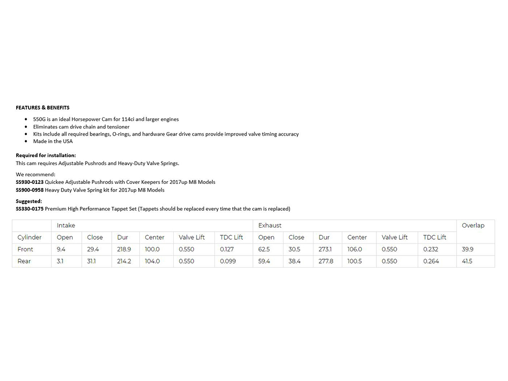 S&S 550G Gear Drive Camshaft Kit. Fits Milwaukee-Eight 2017up.