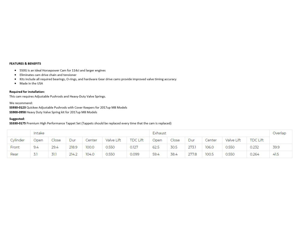 S&S 550G Gear Drive Camshaft Kit. Fits Milwaukee-Eight 2017up.