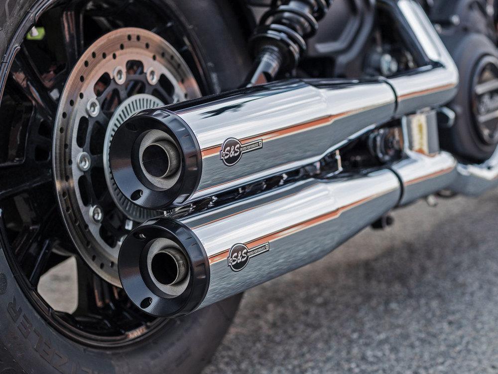 S&S 4in. Grand National Slip-On Mufflers – Chrome with Black End Caps. Fits Indian Scout 2015-2024